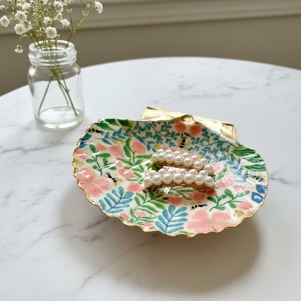 Floral Garden Seashell Jewelry Trinket Dish